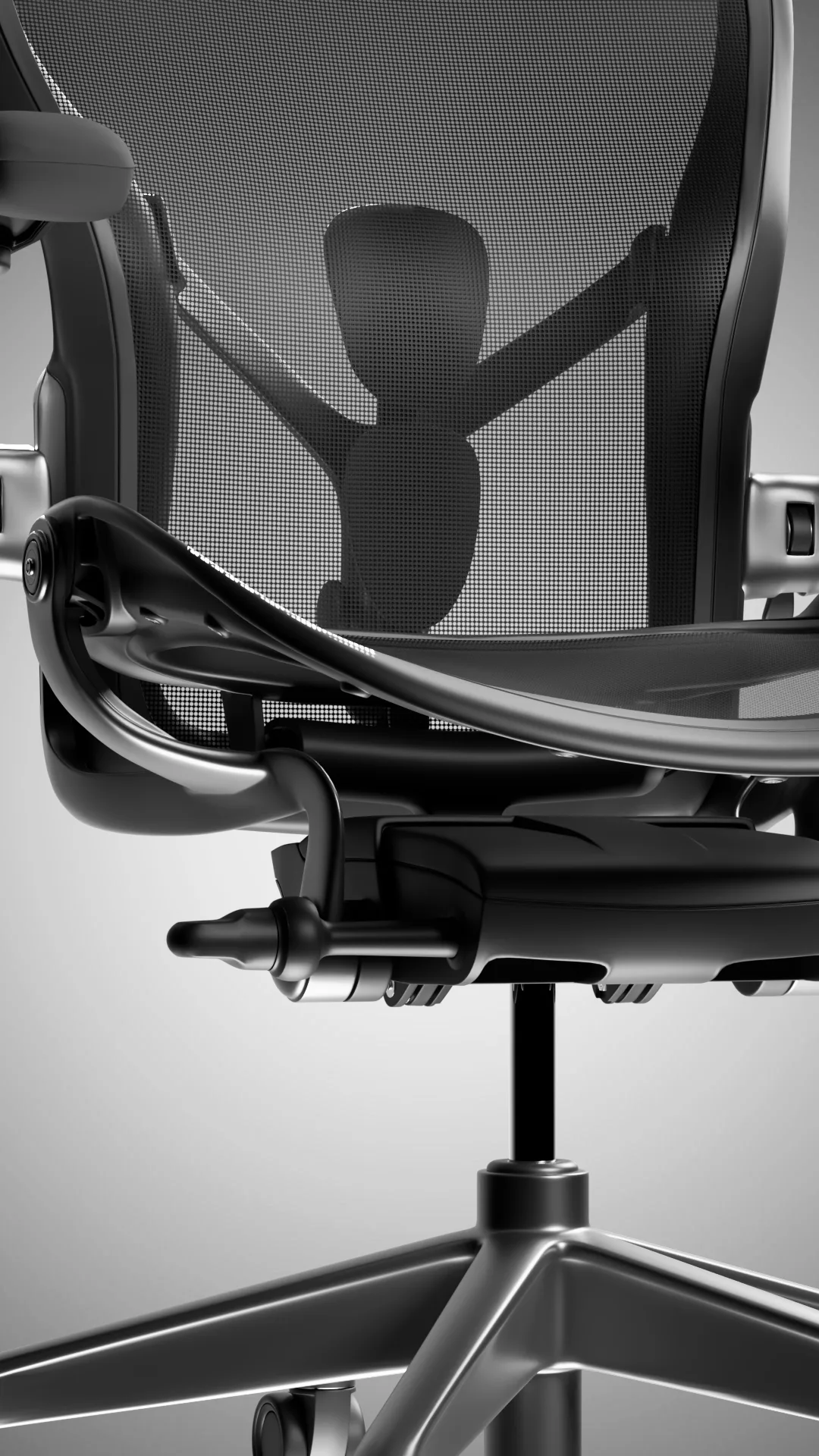 Close-up of the Aeron seat and mechanism, in black and white