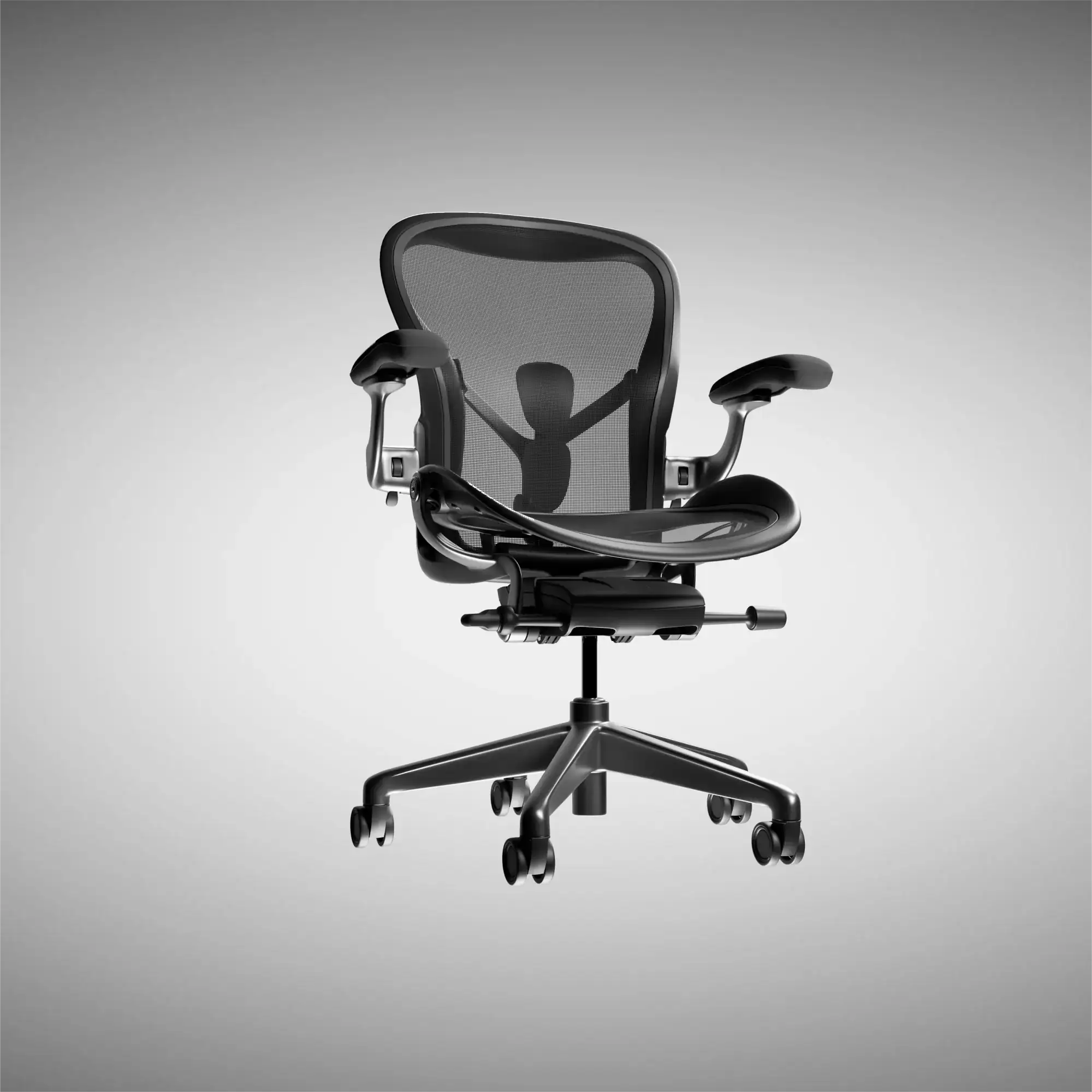 The whole Aeron chair, three-quarter view, on a grey studio background