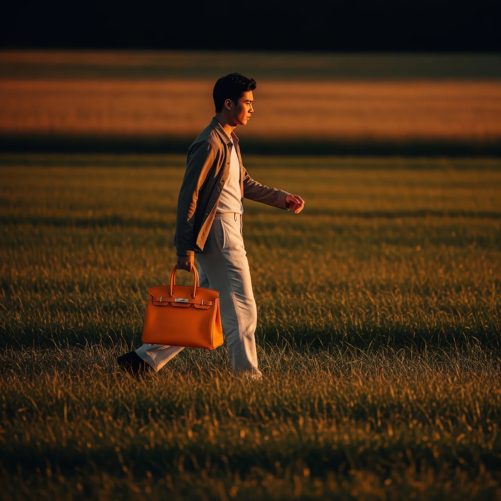 Variant 1 : the same man in the same field, with an orange bag