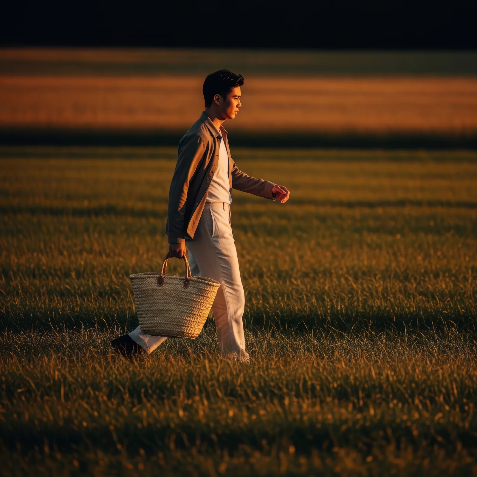 Variant 2 : the same man in the same field, with a wicker basket
