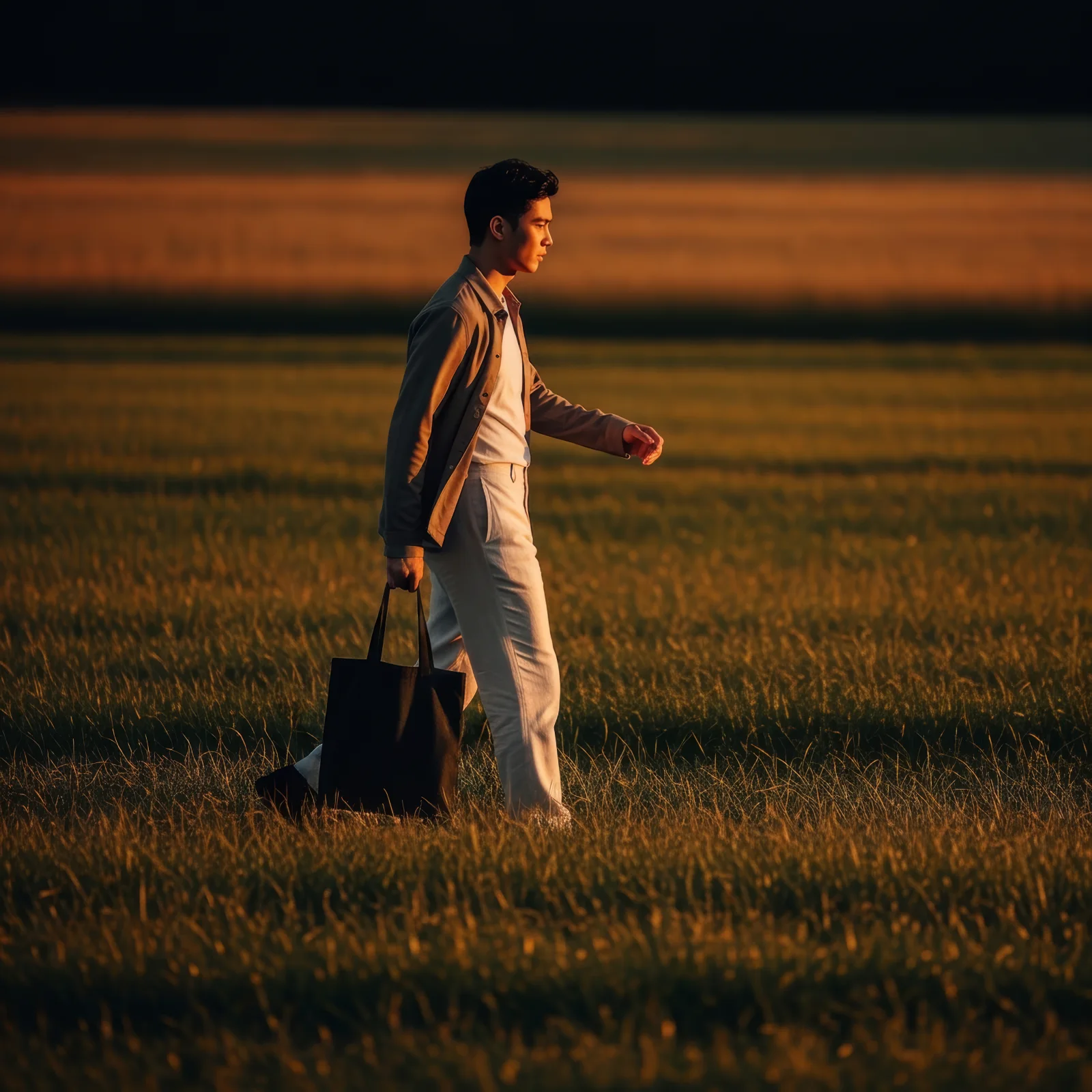 Variant 3 : the same man in the same field, with a black tote