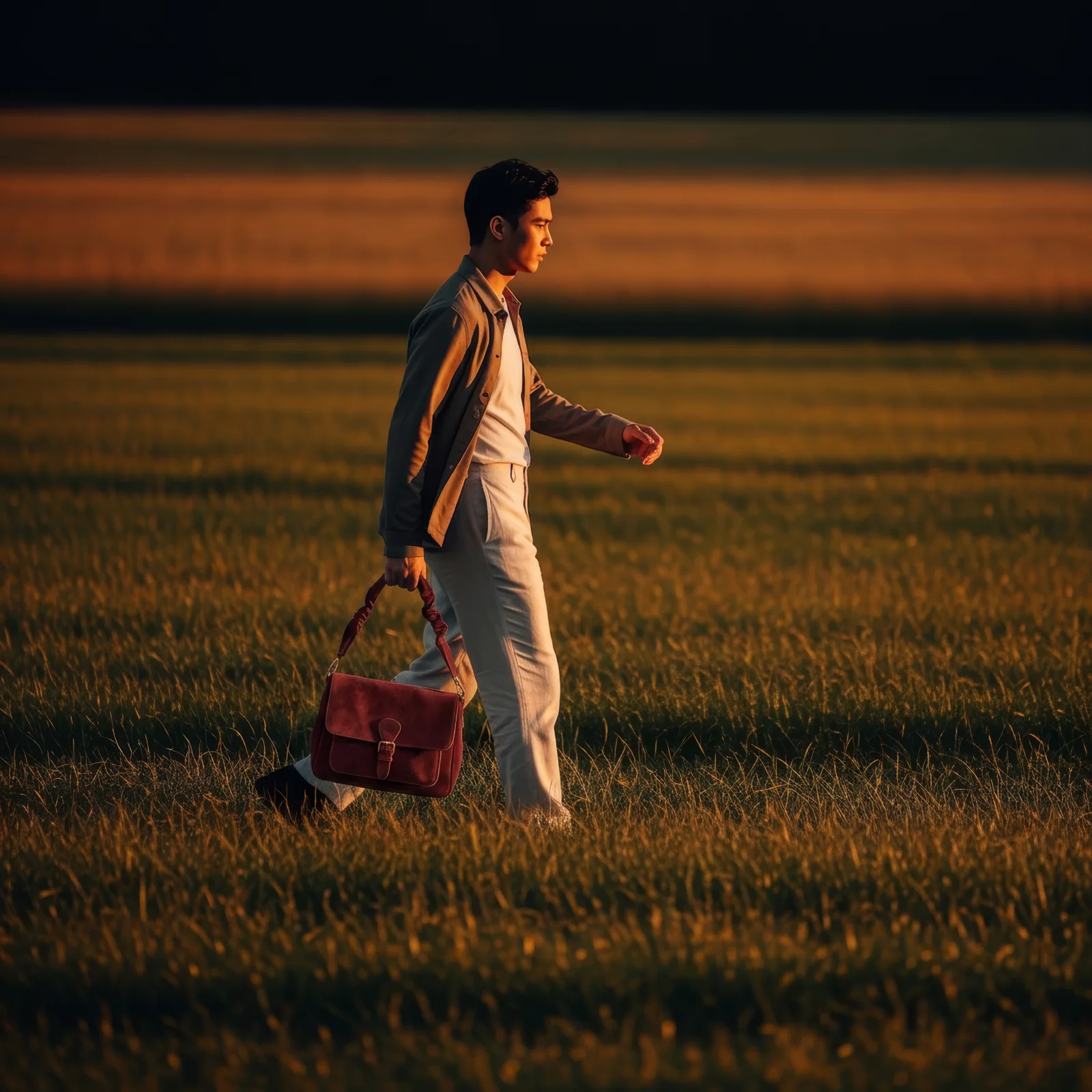 Variant 4 : the same man in the same field, with a burgundy suede bag