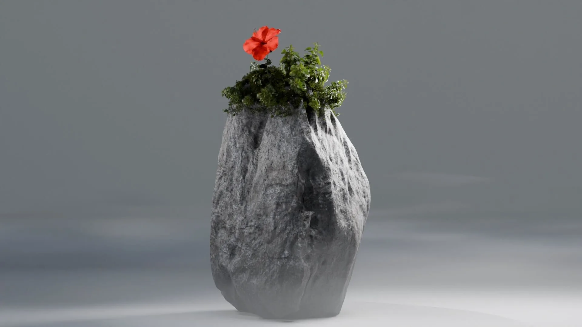 A standing grey stone crowned with foliage and a red hibiscus, in a grey haze