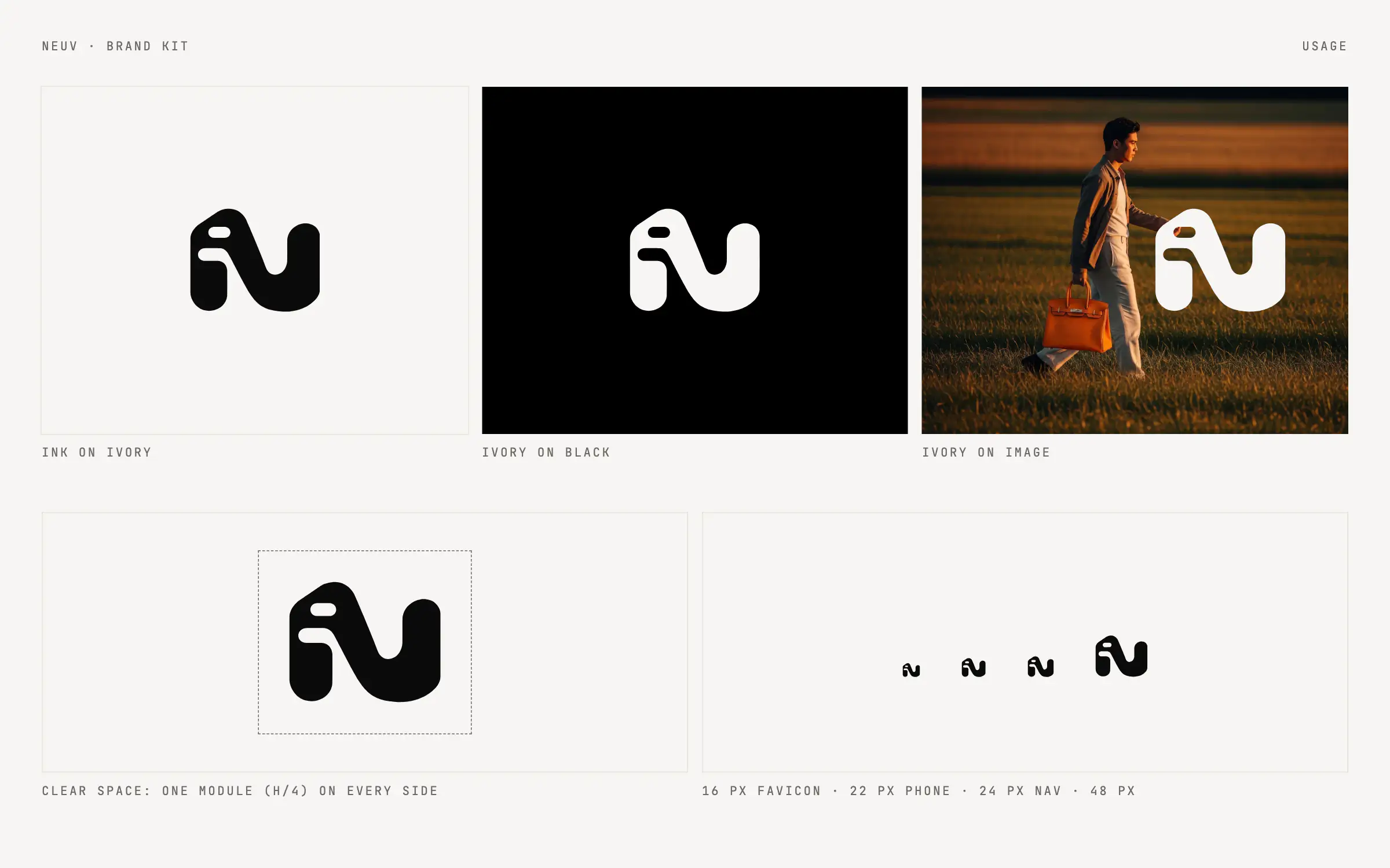 Brand kit: the mark in ink on ivory, ivory on black and ivory on an image, its clear space of one module, and its sizes from 16 to 48 px