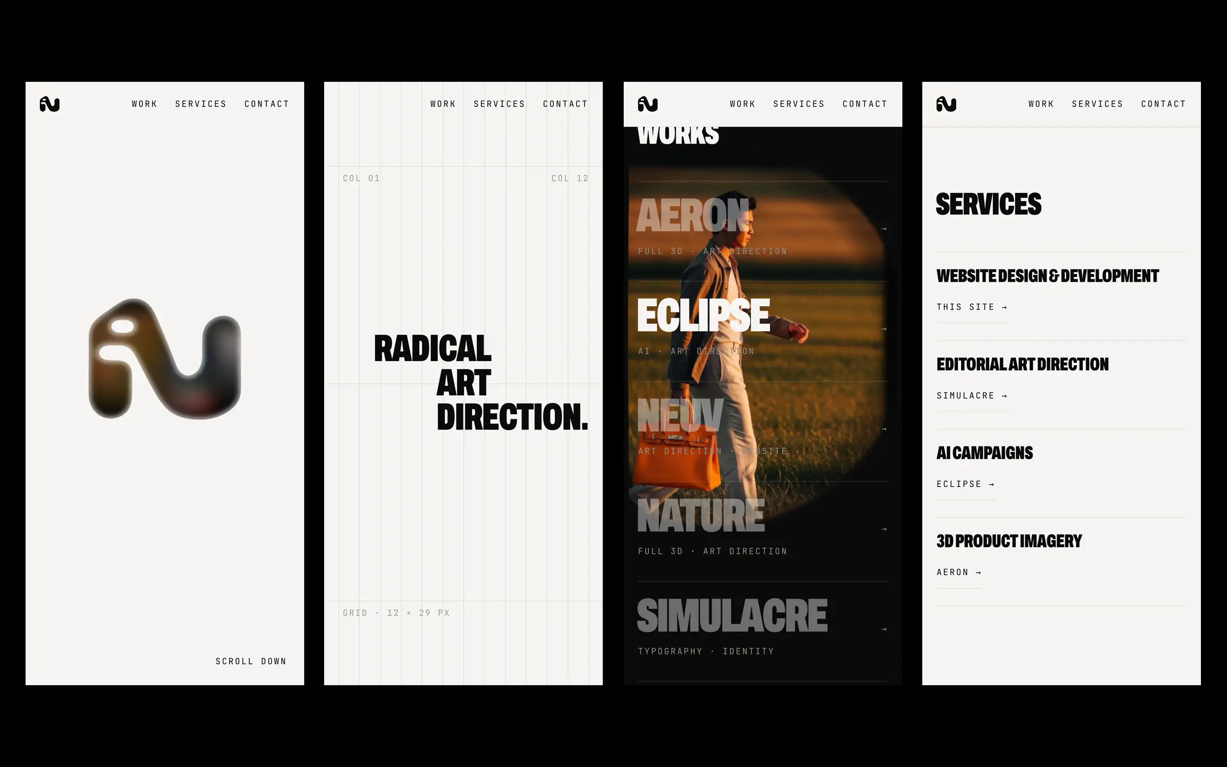 The site on a phone: the mark, the composition on its grid, the Works list with ink, and Services