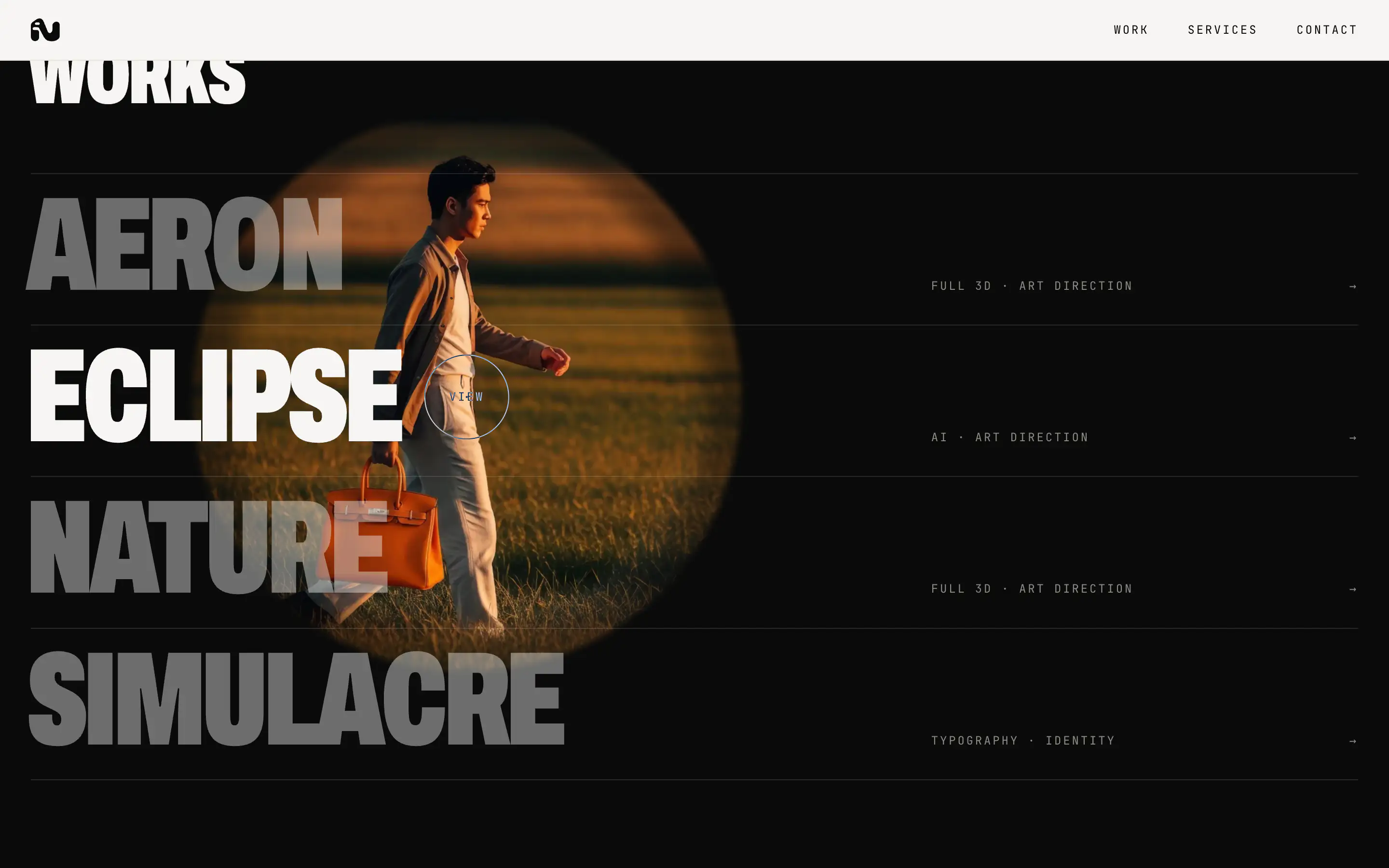 The Works list: hovering Eclipse reveals its image as liquid ink under the cursor